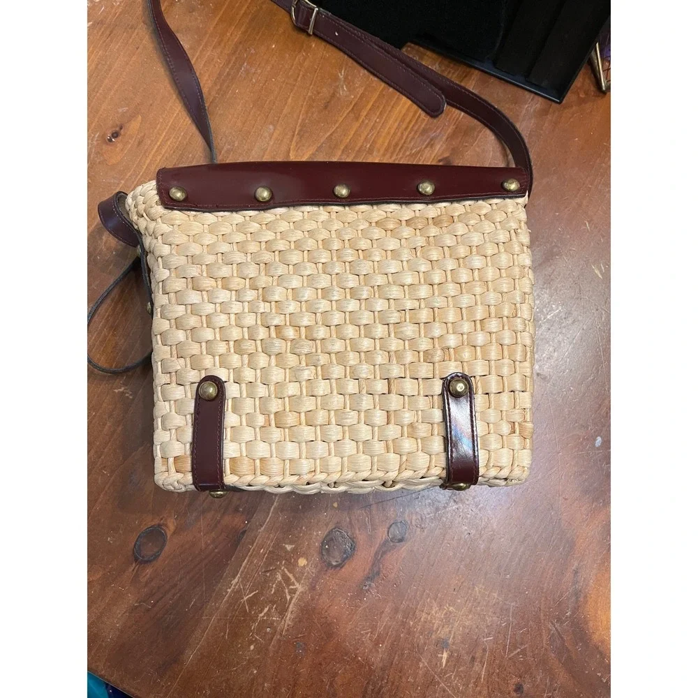 Etienne Aigner Vintage Woven Straw Leather Crossbody Bag Oxblood Burgundy Basket - Picture 12 of 12
